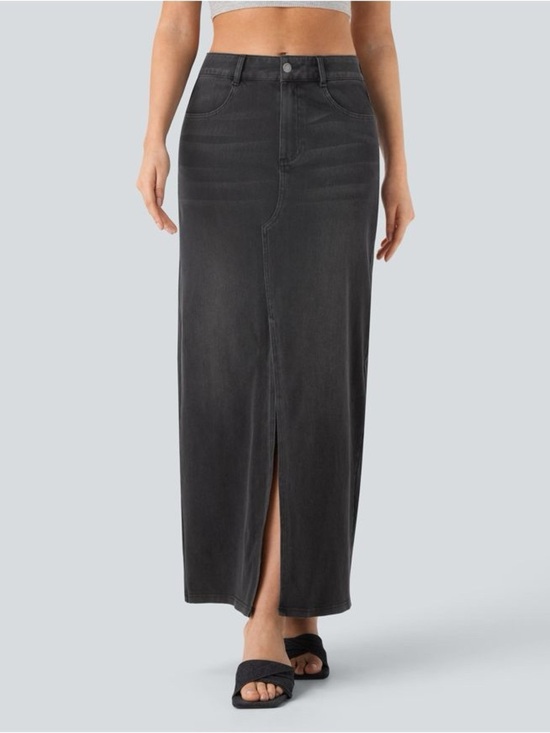 HALARA Dresses & Skirts - Halara Flex Denim Maxi Skirt XS Dark Wash Front Slit Stretch NWT
